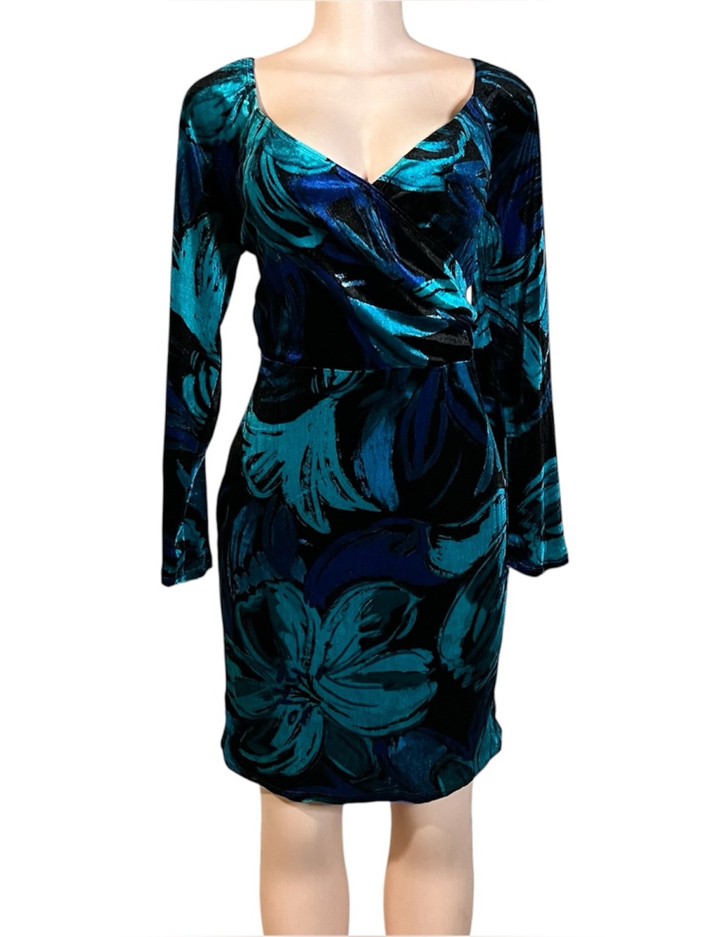Blue Floral Velvet Mini Dress Sz L Long Sleeve 90s Whimsigoth Party